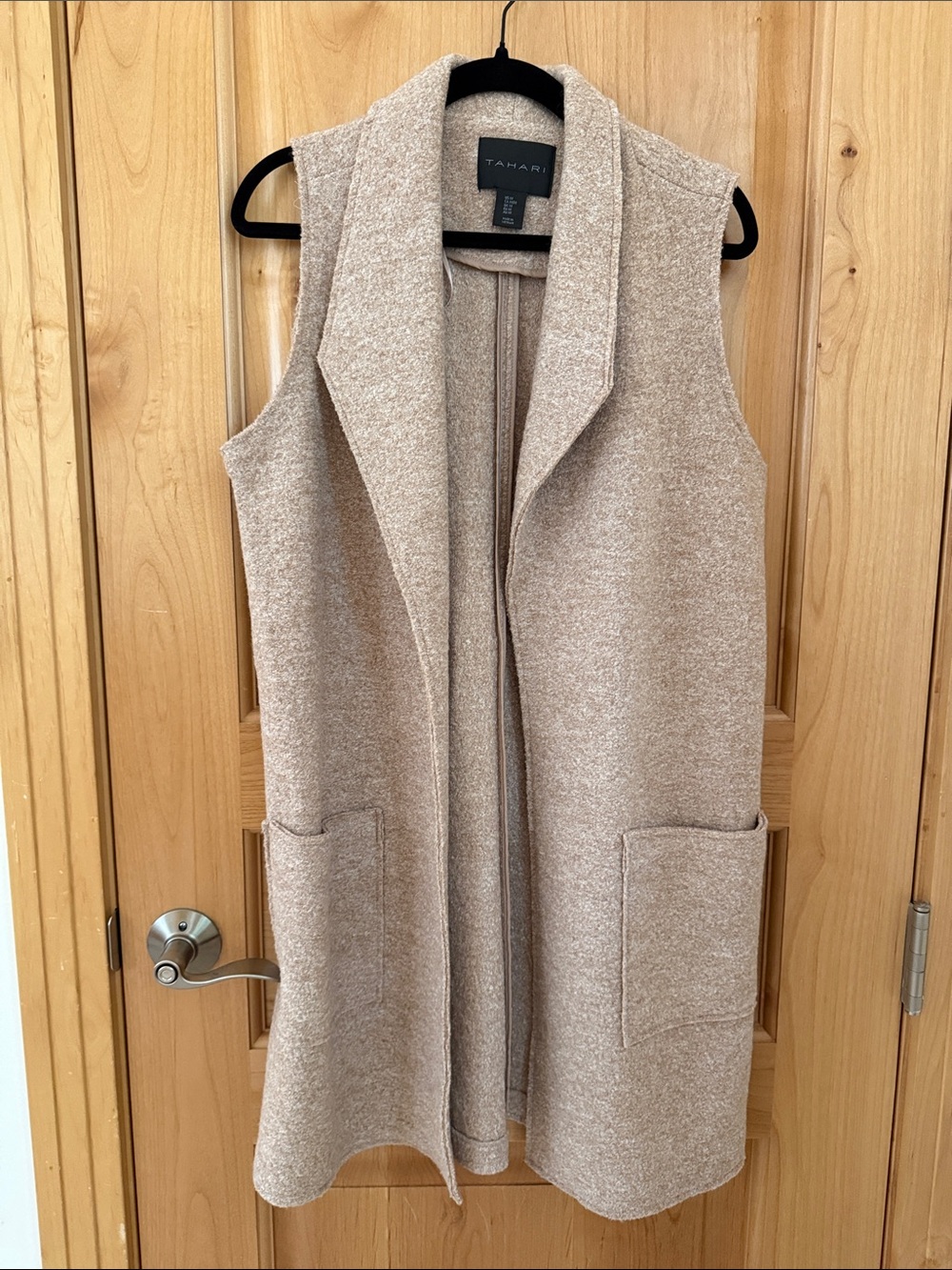 Tahari Heathered Taupe Open-Front Long Vest